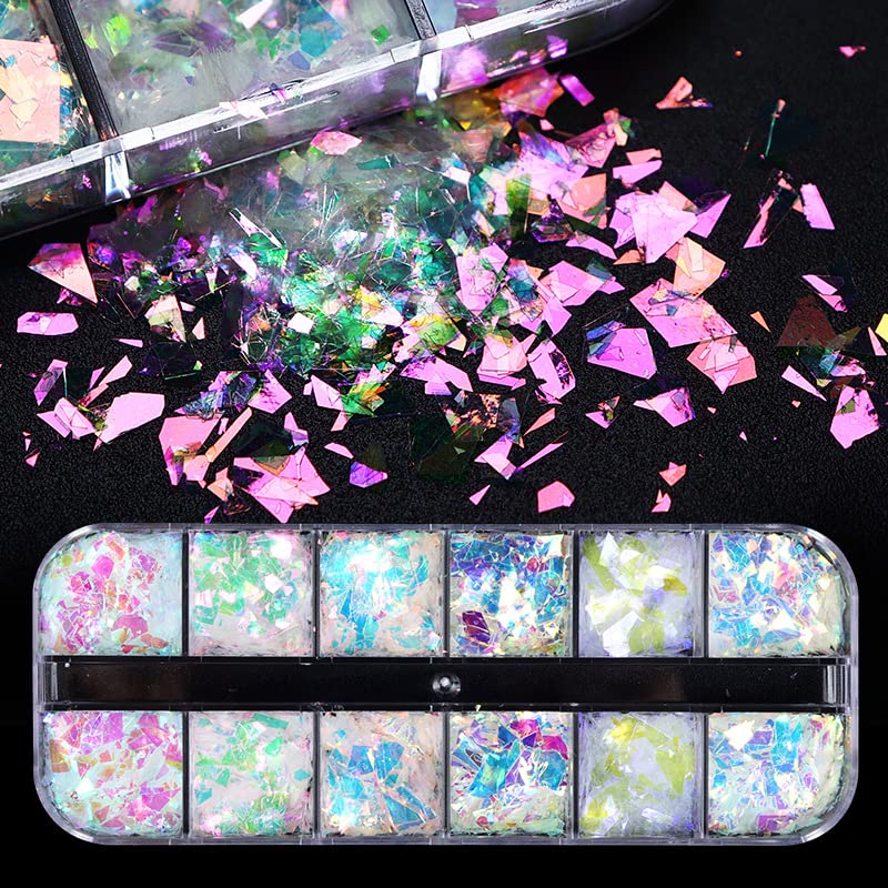 Holographic Mermaid Nail Art Glitter Flakes JMEOWIO 12 Grids Holographic Nail Foil Gradient Bright Iridescent Ice Slag Nail Sequins Paillettes Su