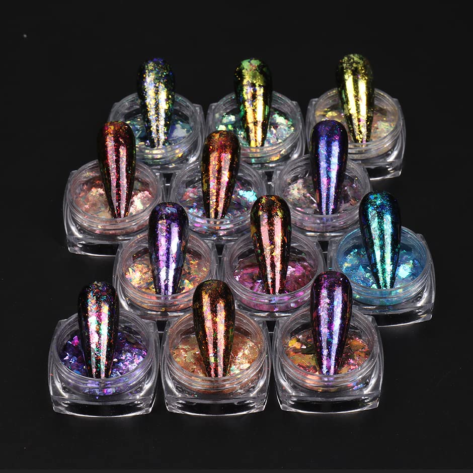 Holographic Mermaid Nail Art Glitter Flake, 12 Grids Holographic Nail Art Sequins Bright Colorful Shiny Nail Supplies Nail Art Design Decoration