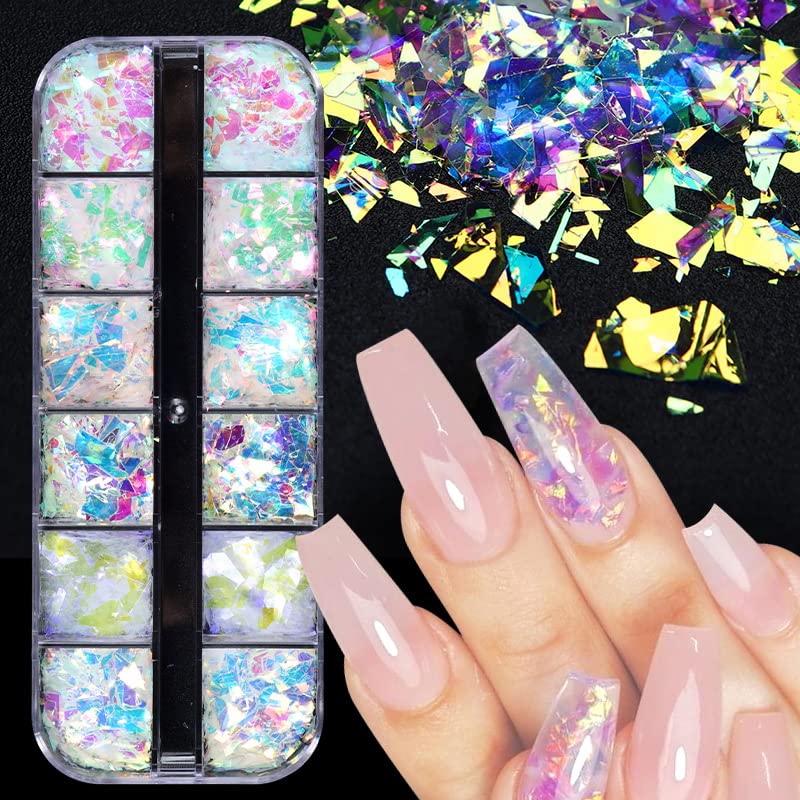 Holographic Mermaid Nail Art Glitter Flakes JMEOWIO 12 Grids Holographic Nail Foil Gradient Bright Iridescent Ice Slag Nail Sequins Paillettes Su