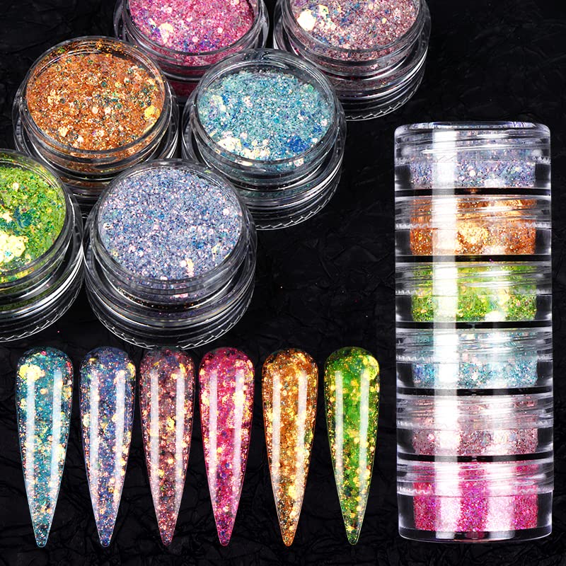 Holographic Mermaid Nail Art Glitter Iridescent Powder Dust Flakes JMEOWIO 6 Grids Shiny Bright Ice Slag Nail Sequins Paillettes Nail Art Decorat