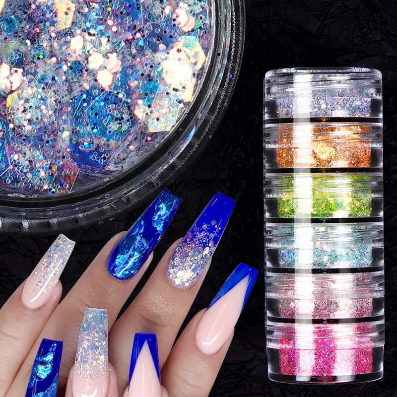 Holographic Mermaid Nail Art Glitter Iridescent Powder Dust Flakes JMEOWIO 6 Grids Shiny Bright Ice Slag Nail Sequins Paillettes Nail Art Decorat
