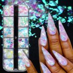 Holographic Mermaid Nail Art Glitter Flakes JMEOWIO 12 Grids Holographic Nail Foil Gradient Bright Iridescent Ice Slag Nail Sequins Paillettes Su