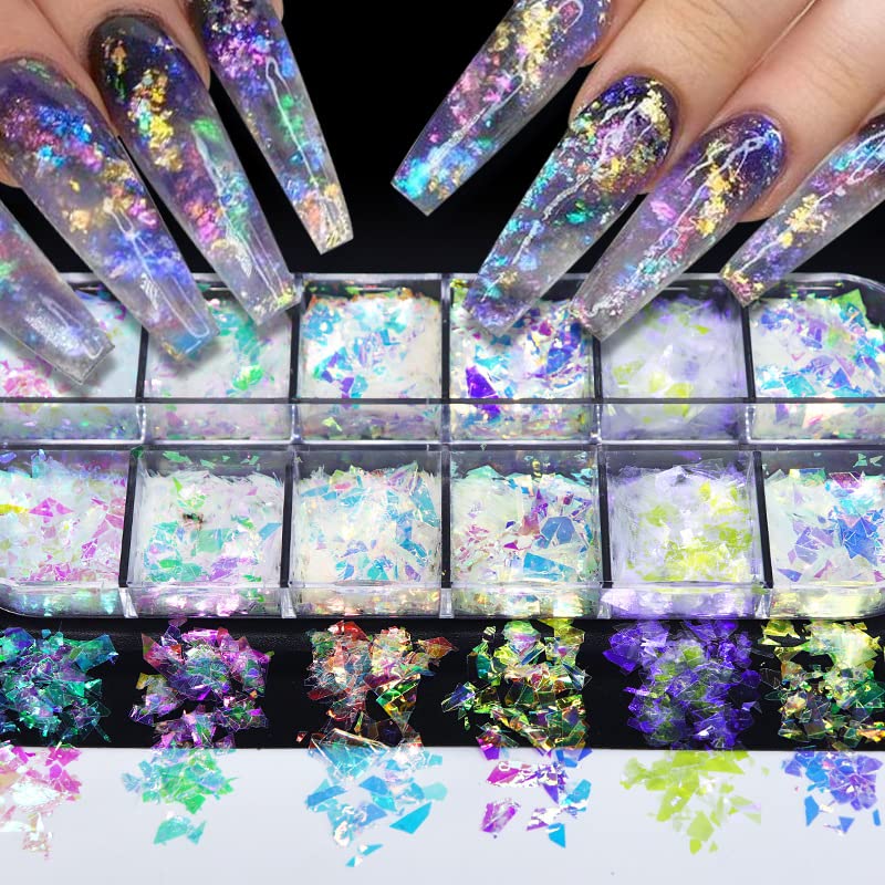 Holographic Mermaid Nail Art Glitter Flakes JMEOWIO 12 Grids Holographic Nail Foil Gradient Bright Iridescent Ice Slag Nail Sequins Paillettes Su