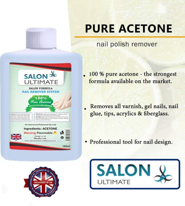 SALON ULTIMATE Professional 100% Pure Acetone Nail Polish Remover, UV/LED GEL Soak Off, Easily & Quickly Removes All Types of Nail Polish, Acryli